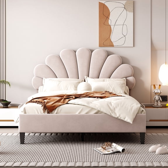 Upholstered Platform Bed With Beige Velvet Flower Pattern Headboard Full Size In