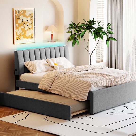 Upholstered Platform Bed With Twin Xl Trundle And Firm Foundation, Gray Refined Design