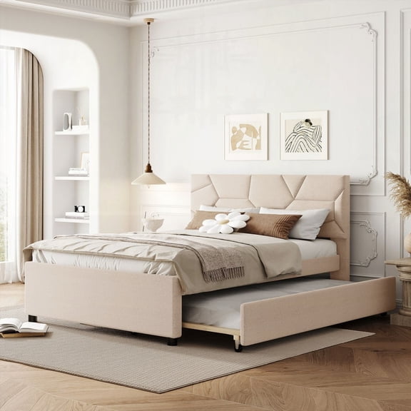 Upholstered Platform Bed in Beige with Brick Pattern Headboard and Twin Trundle, Linen Fabric, Solid MDF Construction