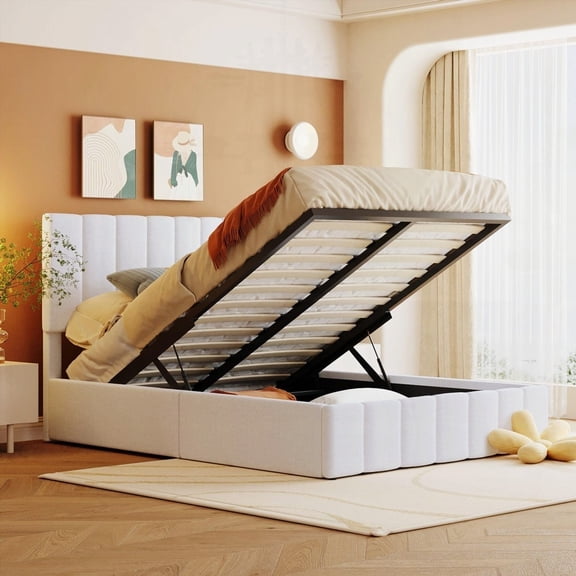 Upholstered Platform Bed in White - Full Size with Hydraulic Storage System & Solid Plywood Frame