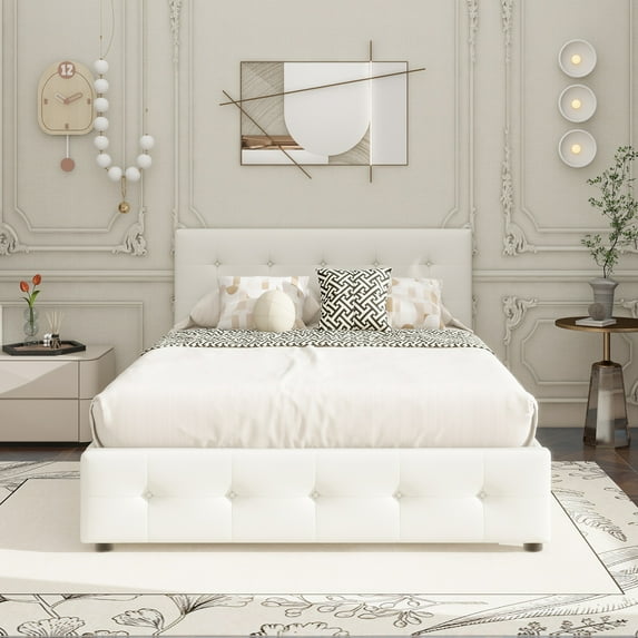 Upholstered Platform Bed with Classic Headboard and 4 Drawers, No Box Spring Needed, Linen Fabric, Queen Size White