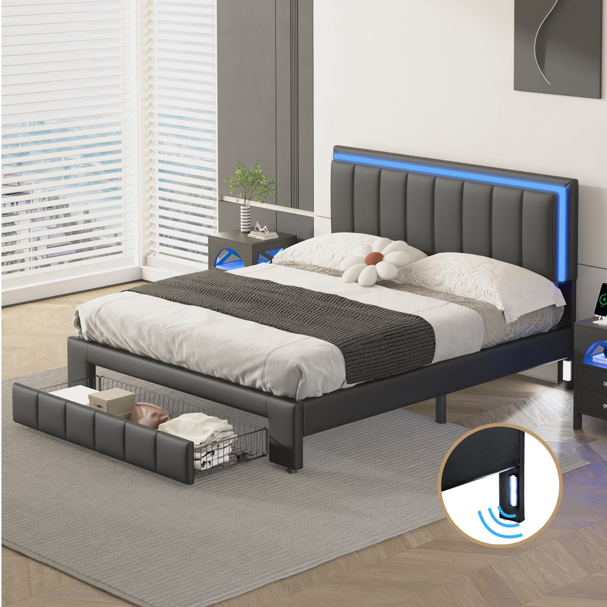 Upholstered Platform Bed with LED Lights and Two Motion Activated Night ...