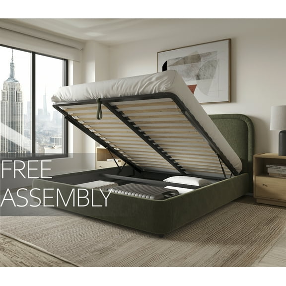Upholstered Platform Bed with Lift-Up Storage, Headboard, Strong Slats, Non-Slip Design