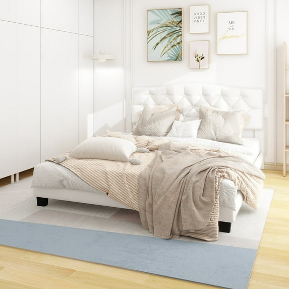 Upholstered Platform Bed with Saddle Curved Headboard and Diamond Tufted Details, King, Beige