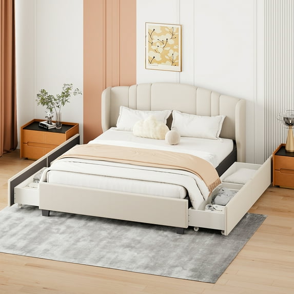 Upholstered Platform Bed with Wingback Headboard and 4 Drawers, No Box Spring Needed, Linen Fabric, Queen Size Beige