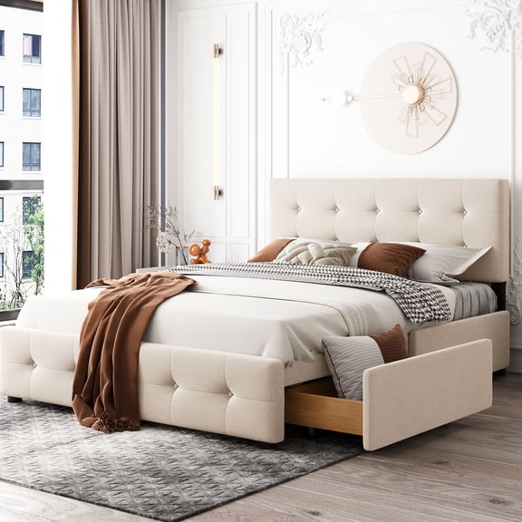 Upholstered Platform - Four Drawers for Storage - Bedroom Setup - Comfortable Backrest