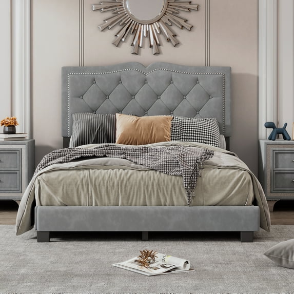 Upholstered Platform Full Size Bed Frame,Velvet Fabric Wooden Full Bed Frame with Rivet Design & Tufted Headboard for Bedroom,Wood Slat Support,Gray