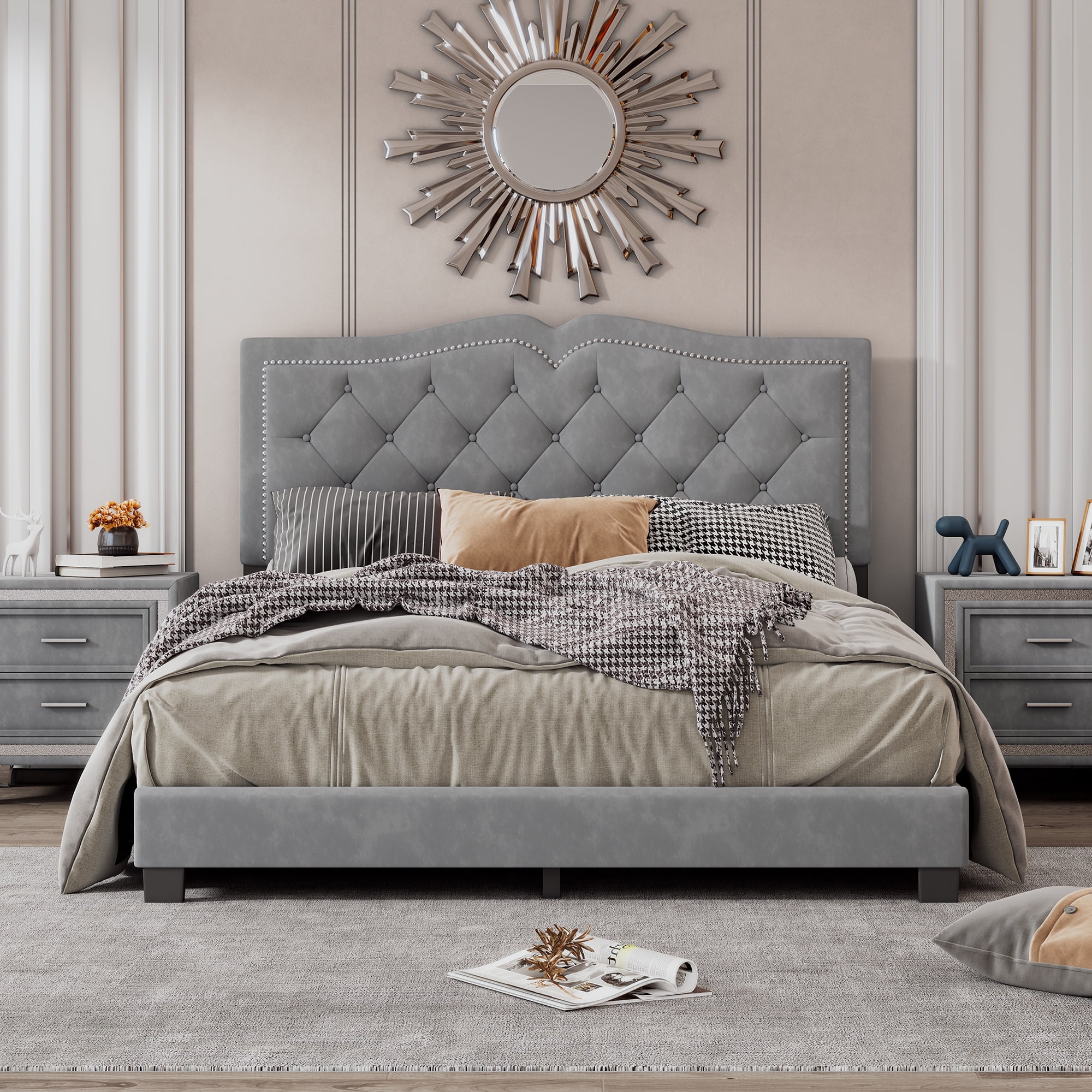 Upholstered Platform Queen Bed Frame,Velvet Fabric Wooden Queen Size ...