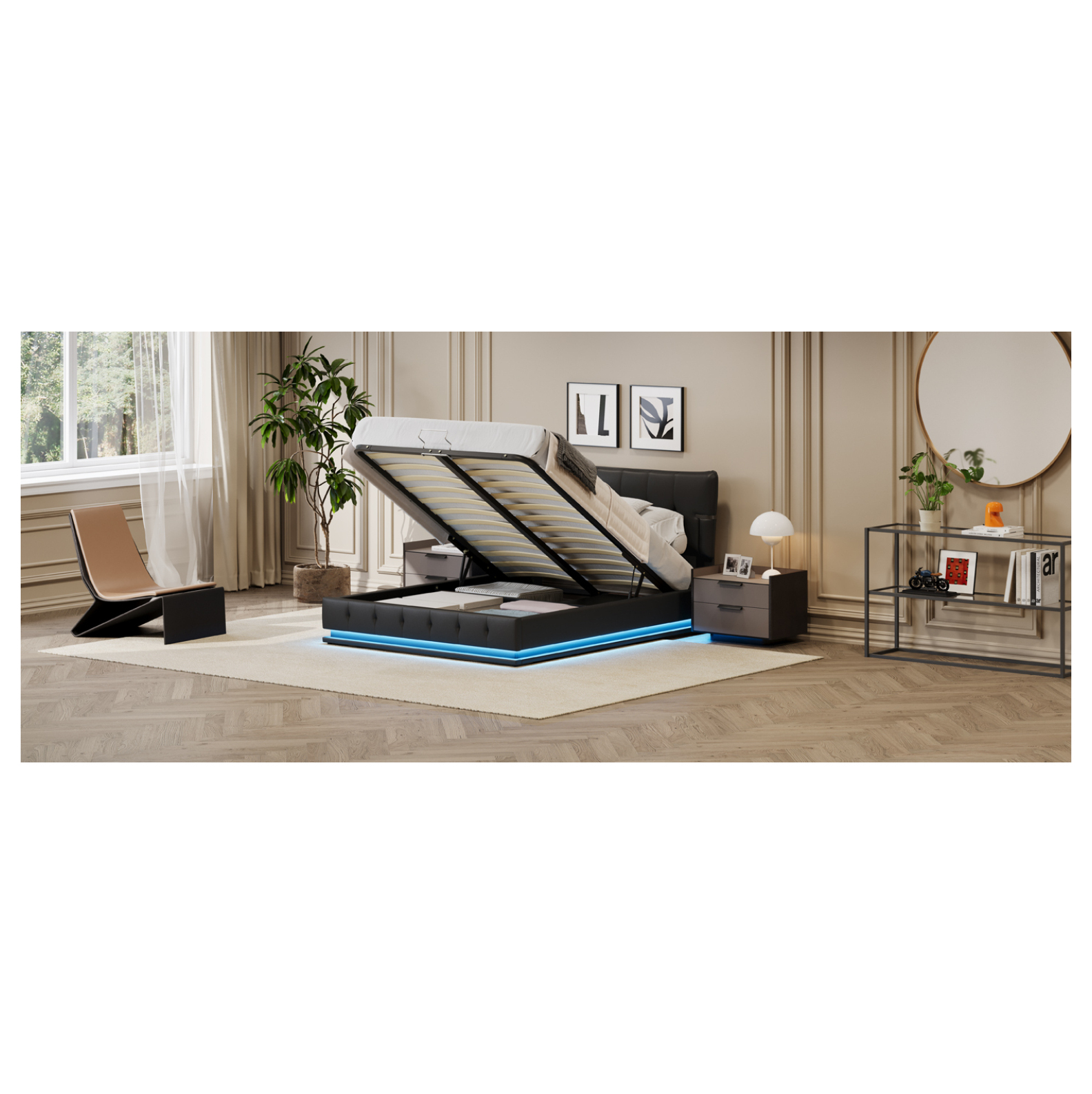 Upholstered Platform Queen Size Hydraulic Storage Bed, Lift Up Storage ...