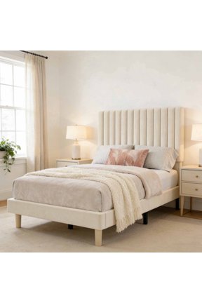 Twin Velvet Wingback Bed Frame – Upholstered Platform Bed with Headboard, Strong Wooden Slats, No Box Spring Needed, Easy Assembly - Beige