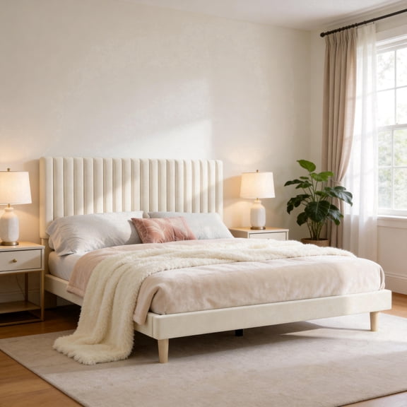 Queen Velvet Wingback Bed Frame – Upholstered Platform Bed with Headboard, Strong Wooden Slats, No Box Spring Needed, Easy Assembly - Beige