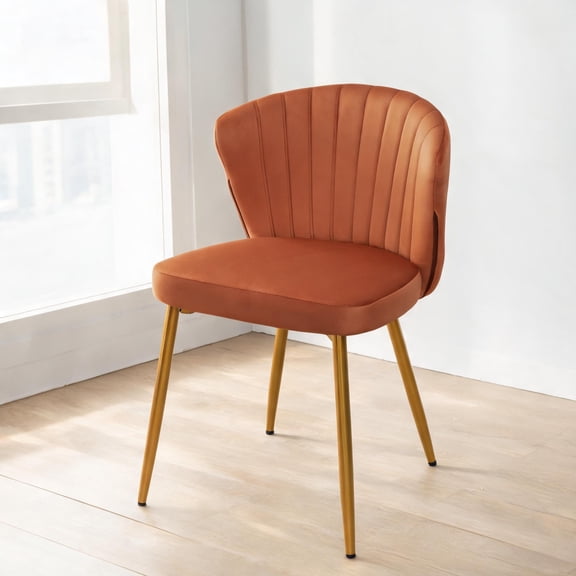 Upholstered Polyester Modern Armless Accent Chair Channel Tufted Gold Metal Legs Orange Finish for Small Spaces