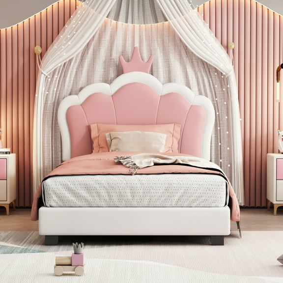 Upholstered Princess Bed With Crown Headboard,Twin Size Platform Bed with Headboard and Footboard