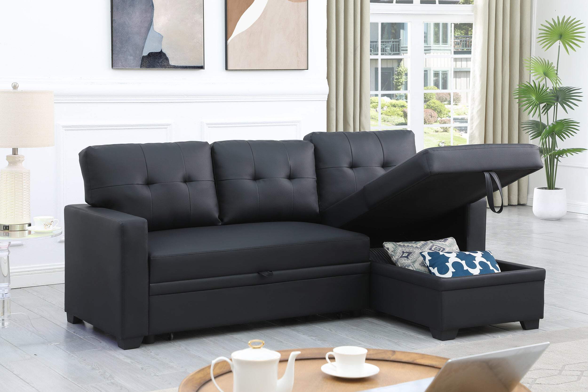 Upholstered Pull Out Sectional Sofa With Chaise Black Faux Leather ...