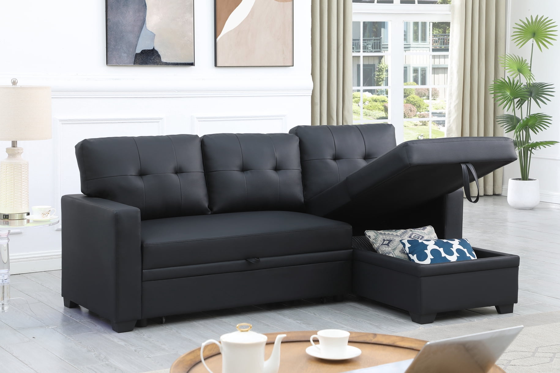 Upholstered Pull out Sectional Sofa with Storage Chaise, Couch with ...