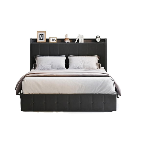 Upholstered Queen Bed Frame, Hydraulic Storage Platform Bed with LED Lights & USB Ports, Velvet Tufted Headboard, Black