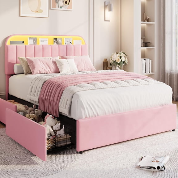 Upholstered Queen Bed Frame with Storage Drawers, Velvet Platform, Bookcase Headboard, Built-in LED Lights, Noise-Free, No Box Spring Needed, Easy Assembly - Pink, Queen Size