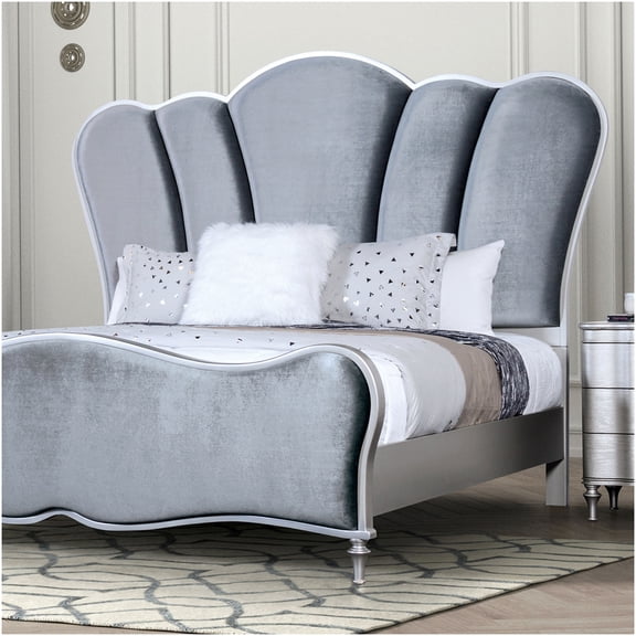 Upholstered Queen Bed Frame with Channel Tufted Headboard, Light Gray Fabric, Silver Art Deco Design, Sturdy Wood Slat Support System