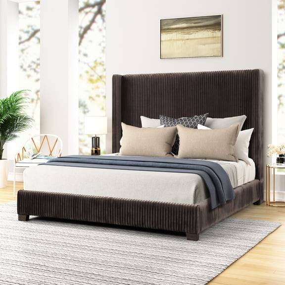 Upholstered Queen Bed In A Box, Dark Brown Vegetable Pattern, Pleated, Box Spring , ,