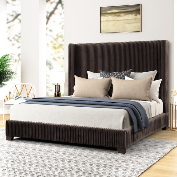 Upholstered Queen Bed In A Box, Dark Brown With Pleated Touch, Foundation, Box Spring Mountain Pattern, Construction,