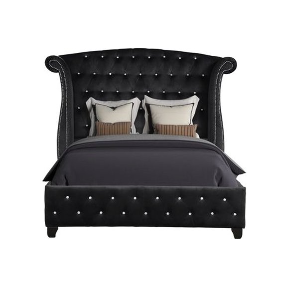 Upholstered Queen Bed In Black With Crystal Accents And Wood Construction Modern Upholstery Size