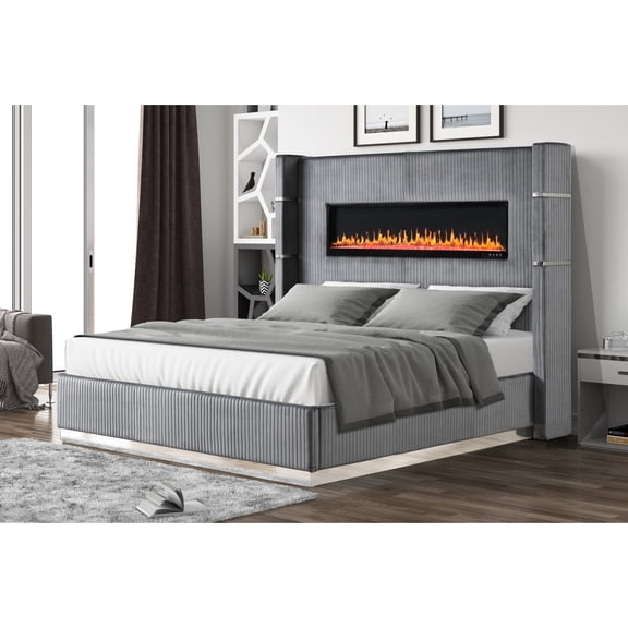 Upholstered Queen Bed With Electric Fireplace & Ports In Gray Velvet Finish And Silver Line Design