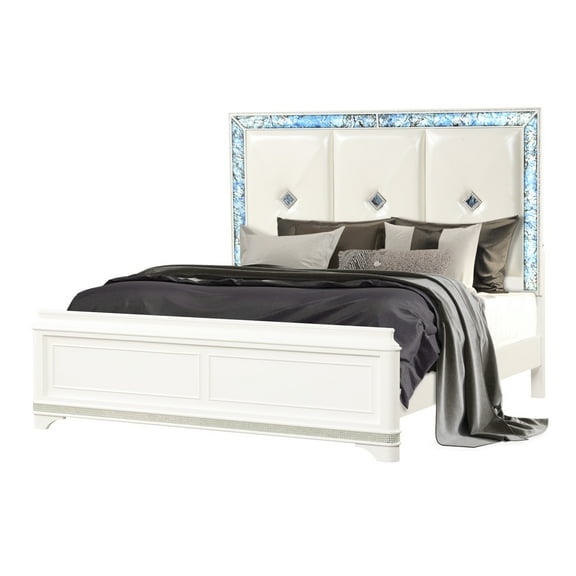 Upholstered Queen Bed With Translucent Marble And Led Blue Design
