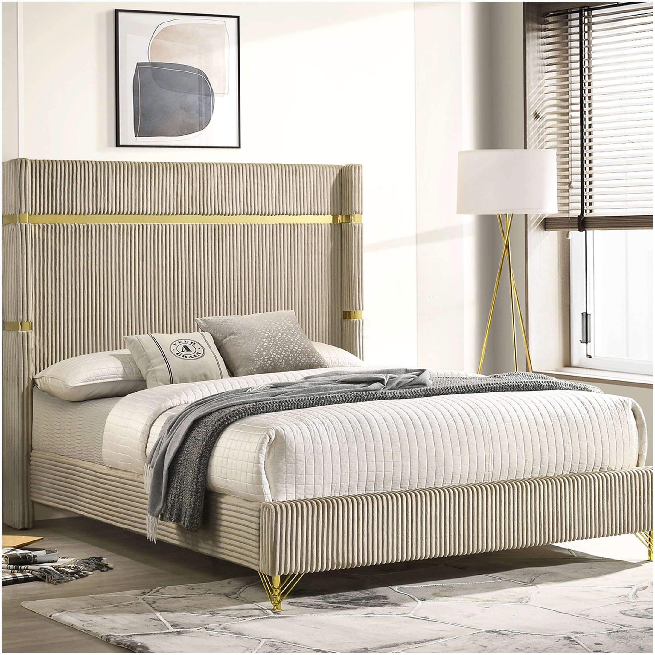 Upholstered Queen Bed with Wingback Headboard, Beige Fabric Platform Bed Frame, Modern Channel Tufted Design