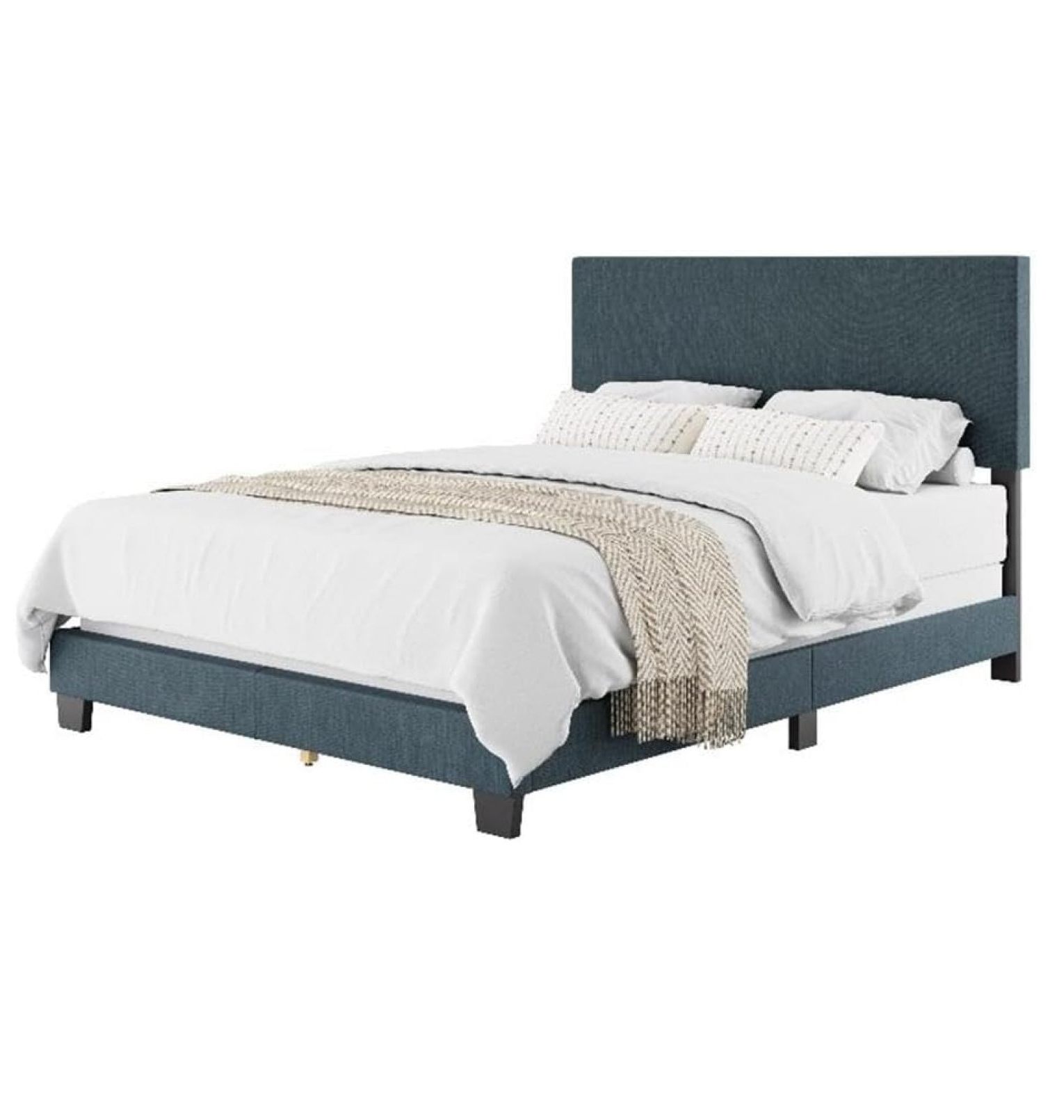 Upholstered Queen Bed with Wooden Slats, Easy Assembly, Blue