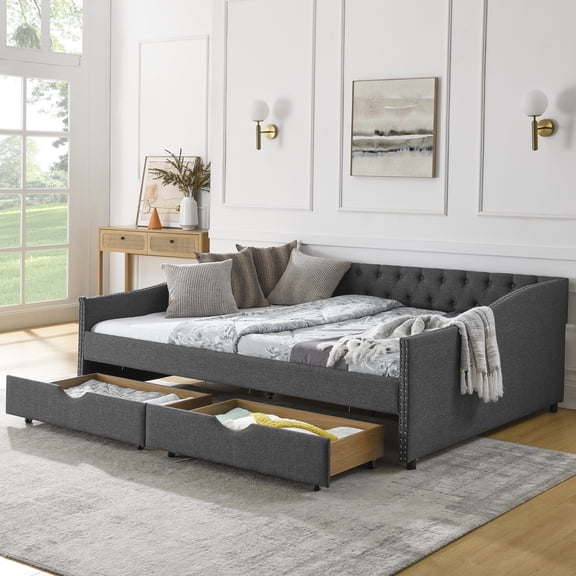 Upholstered Queen Daybed with Drawers - Mid-Century Modern Sofa Bed - Dark Grey Linen