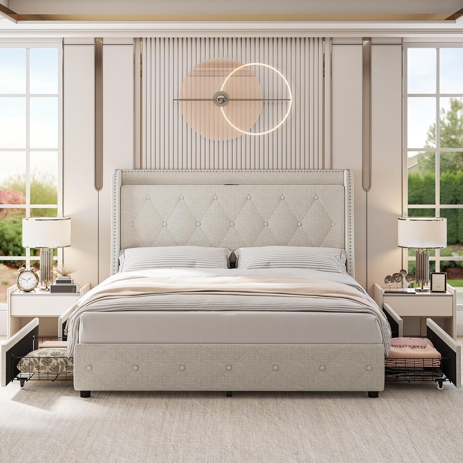 Upholstered Queen/Full Bed Frame with 4 Storage Drawers, Bed Frame with Headboard and Storage, Platform Bed Frame with Charging Station & Wingback, No Box Spring Needed, Noise-Free, Easy Assembly