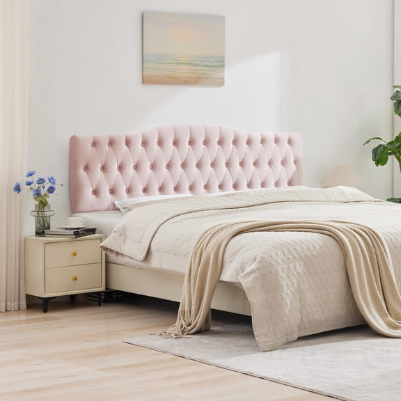 Upholstered Queen Headboard, Button Diamond Tufted Headboard with Adjustable Height and Solid Wood Leg, Velvet Padded Headboards for Queen Size Bed, Modern Head Board, Pink
