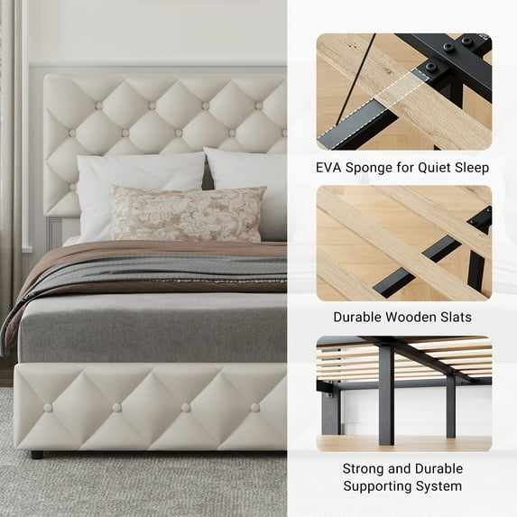Upholstered Queen Platform Bed Frame with 4 Storage Drawers Adjustable Headboard, PU Leather Platform Storage Bedframe with Button Tufted, Wooden Slats Support, No Box Spring Needed, Noise-Free