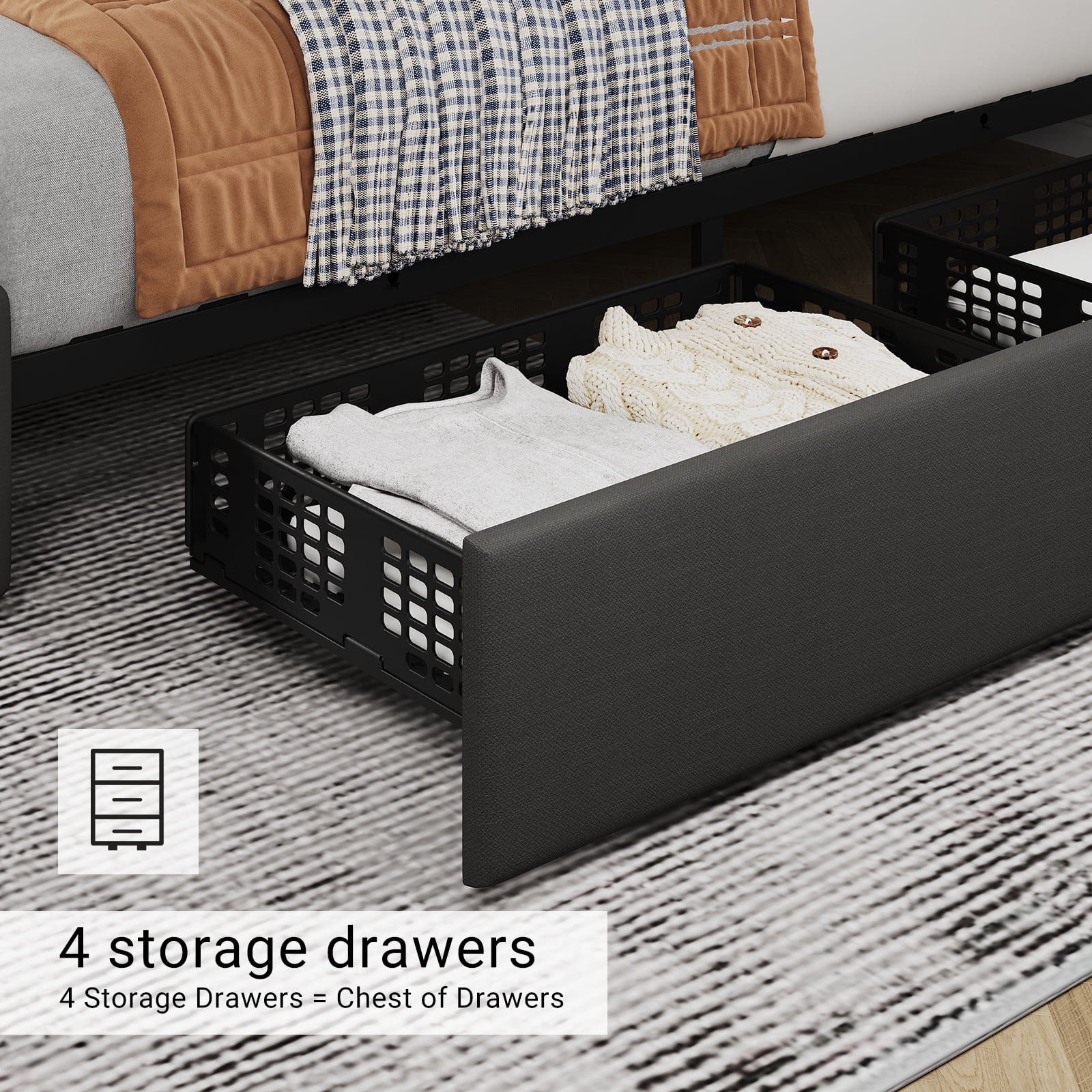 Upholstered Queen Platform Bed Frame with 4 Storage Drawers Adjustable Headboard, PU Leather Platform Storage Bedframe with Button Tufted, Wooden Slats Support, No Box Spring Needed, Noise-Free