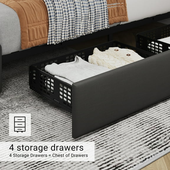 Upholstered Queen Platform Bed Frame with 4 Storage Drawers Adjustable Headboard, PU Leather Platform Storage Bedframe with Button Tufted, Wooden Slats Support, No Box Spring Needed, Noise-Free