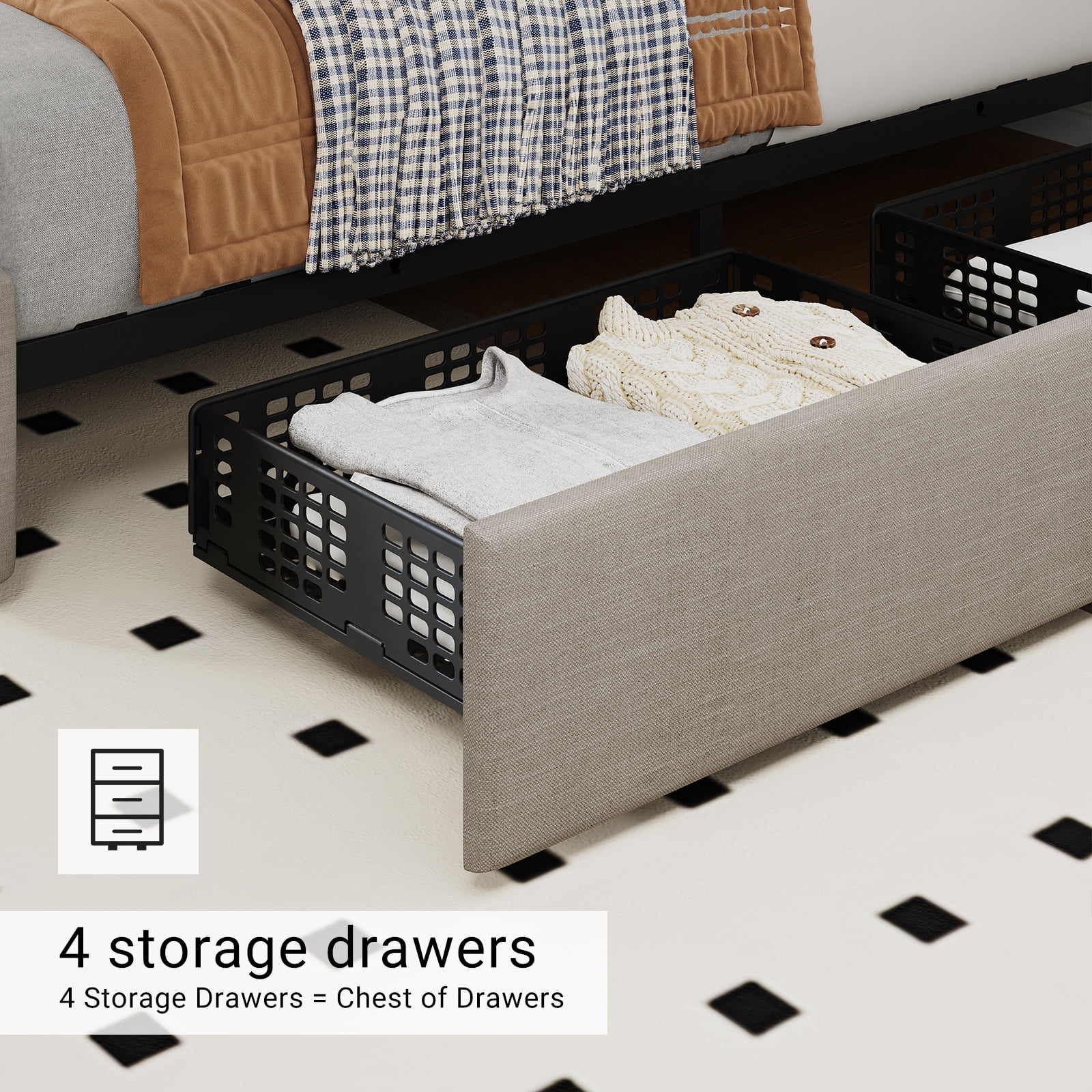 Upholstered Queen Platform Bed Frame with 4 Storage Drawers Adjustable Headboard, PU Leather Platform Storage Bedframe with Button Tufted, Wooden Slats Support, No Box Spring Needed, Noise-Free