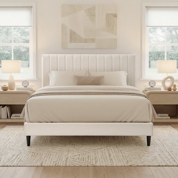 Upholstered Queen Platform Bed Frame,Tufted Channel Headboard, Mid-Century Bedroom Furniture,Queen Bed Frame Wood Slats,Modern Soft Boucle,64.25" x 84.5" x 45",Cream White