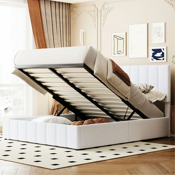 Upholstered Queen Platform Bed With White Linen And Hydraulic Storage Space