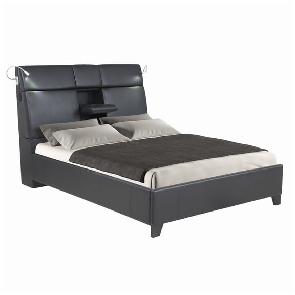 Upholstered Queen Platform Bed with Bluetooth Audio, LED Mood Lighting, and Cup Holders, No Box Spring Needed