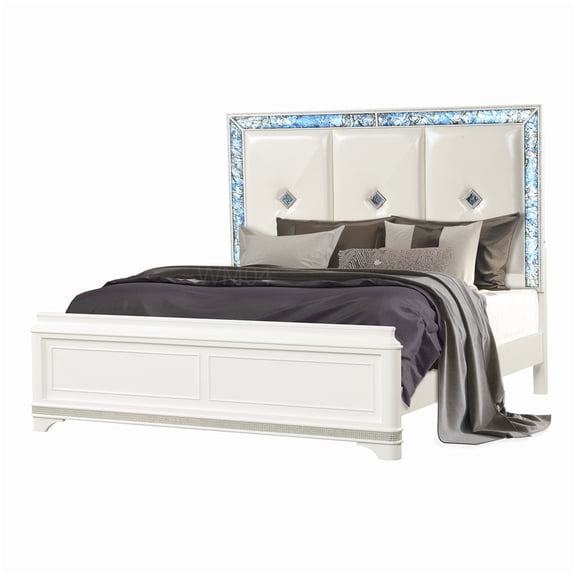 Upholstered Queen Platform Bed with LED Headboard, White Bed Frame with Crystal and Blue Marble Inserts