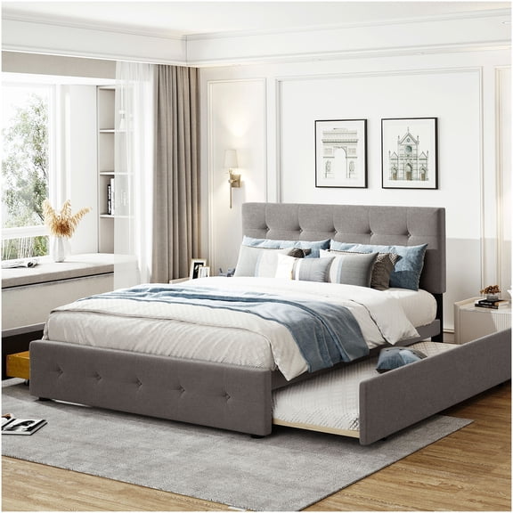 Upholstered Queen Platform Bed with Storage Drawers and Pull-Out Trundle