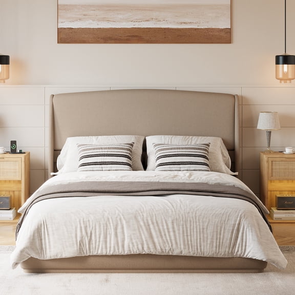 Upholstered Queen Platform Bed with Wingback Headboard, Grounded Linen Bed Frame with Wood Slats and Heavy Duty Support, No Box Spring Needed, Brown