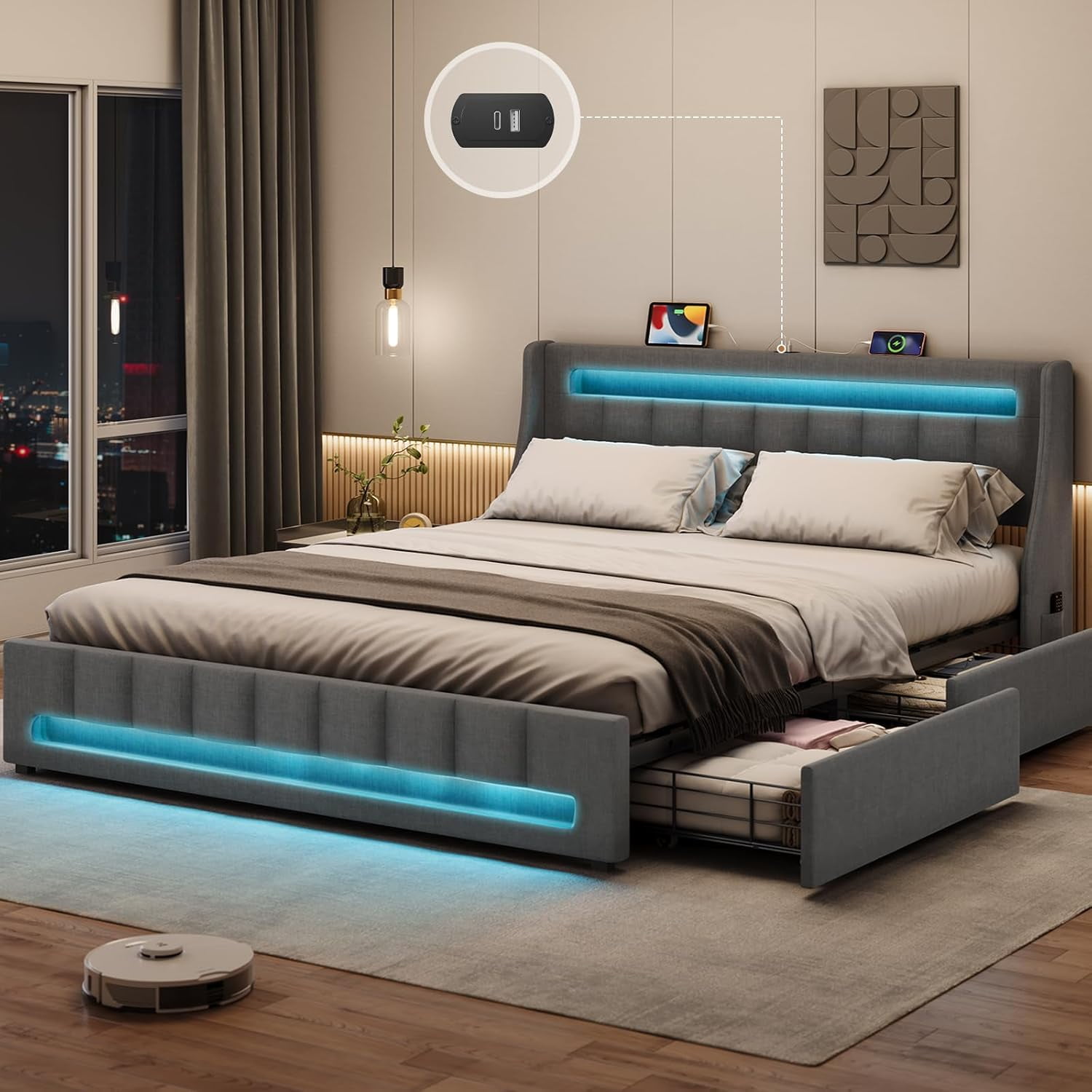Queen Bed Frame With Storage Drawers, LED Headboard, USB Charging - No ...