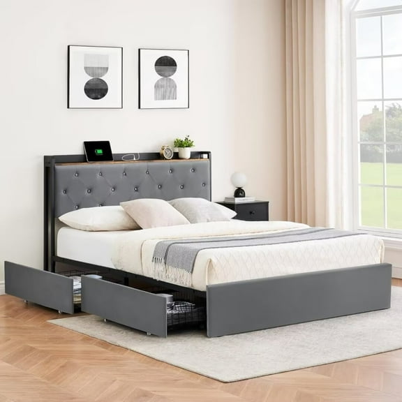 Upholstered Queen Size Bed Frame with Charging Station Headboard & 4 Storage Drawers, Platform Bed Frame Mattress Foundation with Wooden Slats Support, No Box Spring Needed, Gray