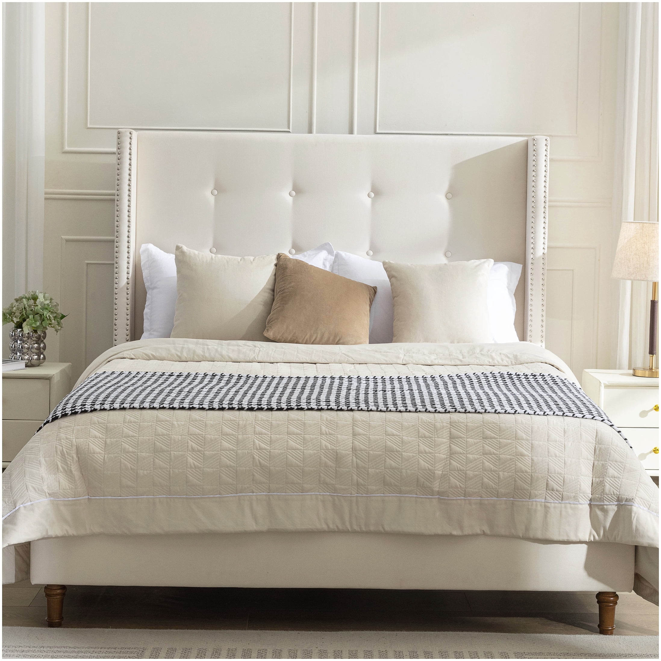 Upholstered Queen Size Bed Frame with Wingback Headboard, No Box Spring Required, Easy Setup, Button Tufted and Nailhead Trim