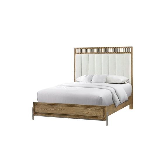 Upholstered Queen Size Bed In Latte With Classy Faux Leather Strapping Brown And Comfy Design