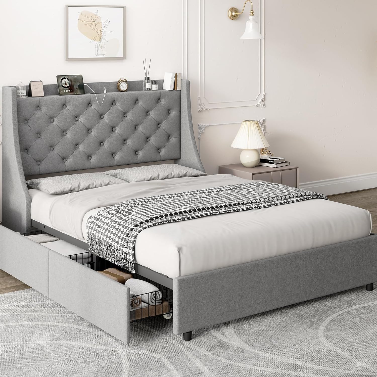 Upholstered Queen Size Platform Bed Frame With 4 Storage Drawers, Queen ...