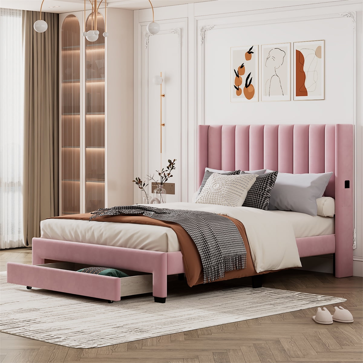 Upholstered Queen Size Platform Bed Frame with Storage Drawer