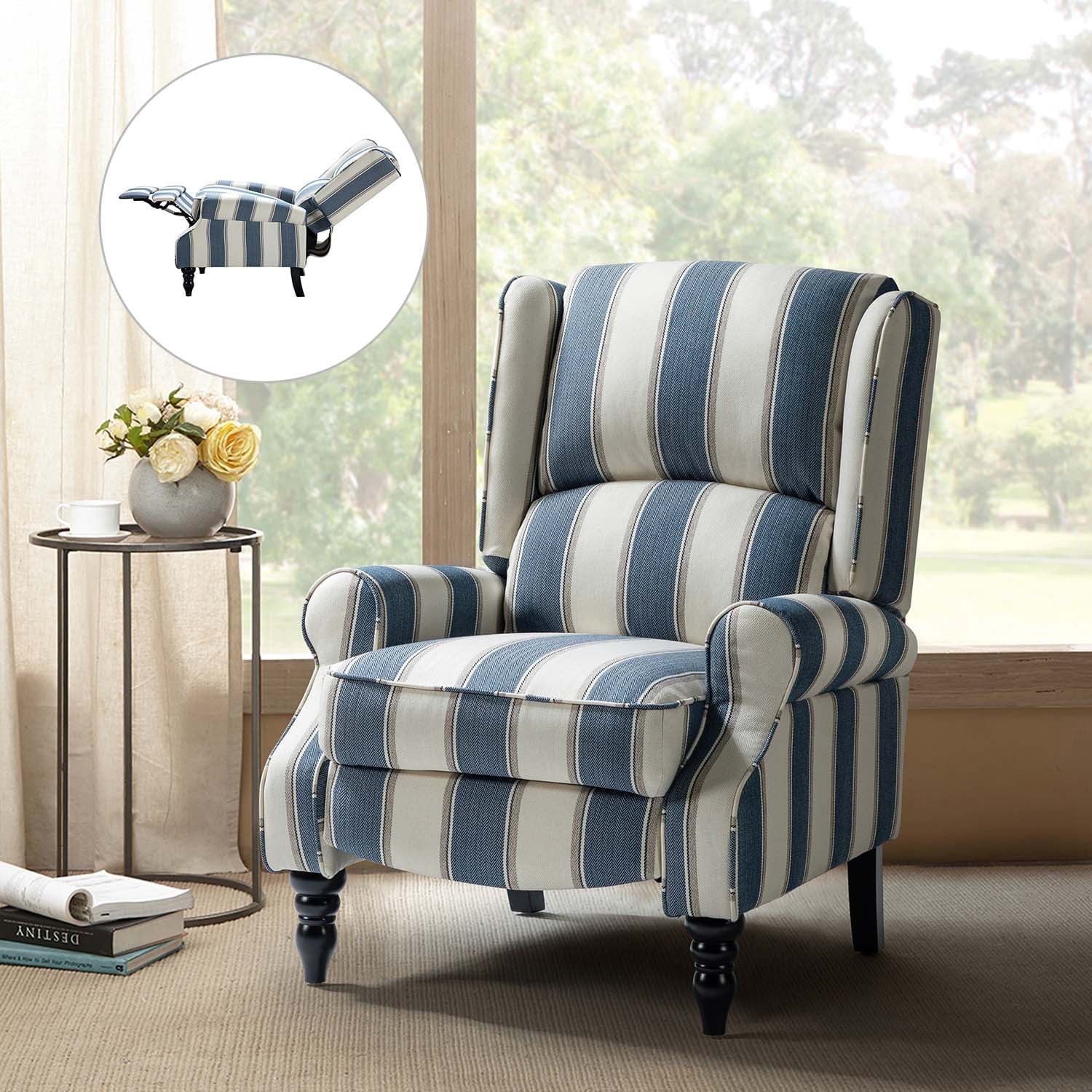 Navy Stripe Polyester Blend Wingback Recliner with Wood Legs