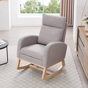 Upholstered Rocking Chair with Adjustable Footrest, Nursery Rocking Chair with High Backrest, Teddy Fabric Leisure Armchair with Storage Pocket for Living Room/Bedroom/Nursery, Light Gray